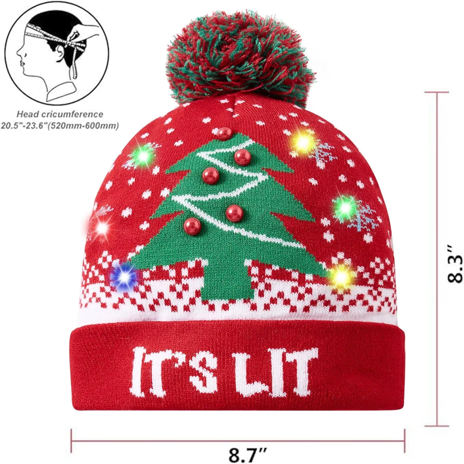 Idgreatim Unisex LED Light-up Ugly Christmas Sweater Hat Novelty Knitted Xmas Beanie Cap for Party(6 Light)