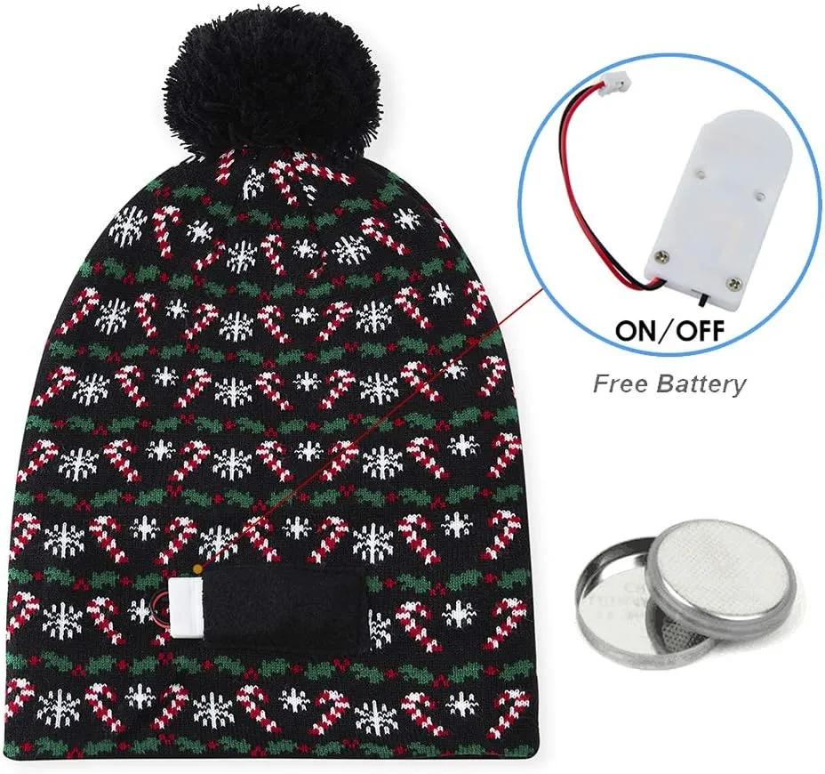 Idgreatim Unisex LED Light-up Ugly Christmas Sweater Hat Novelty Knitted Xmas Beanie Cap for Party(6 Light)
