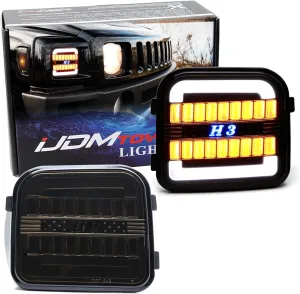 iJDMTOY Blackout Smoked Lens White LED Halo Driving Light/Amber Sequential Blink LED Front Turn Signal Light Assembly, Compatible with 2006-2010 Hummer H3/H3T