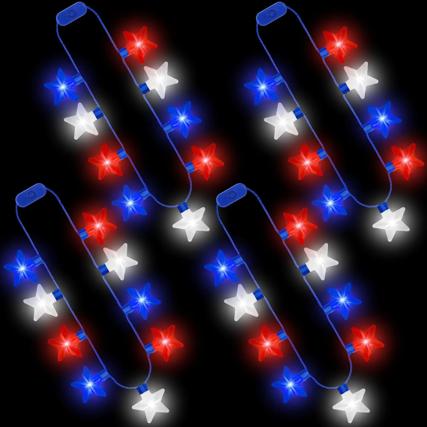 Independence Day Necklace Accessories, 4Pcs LED Holiday Light Up Stars Necklace, Red Blue White Flashing Necklace for 4th of July Parades Patriotic Celebration Themed Firework Party Memorial Day
