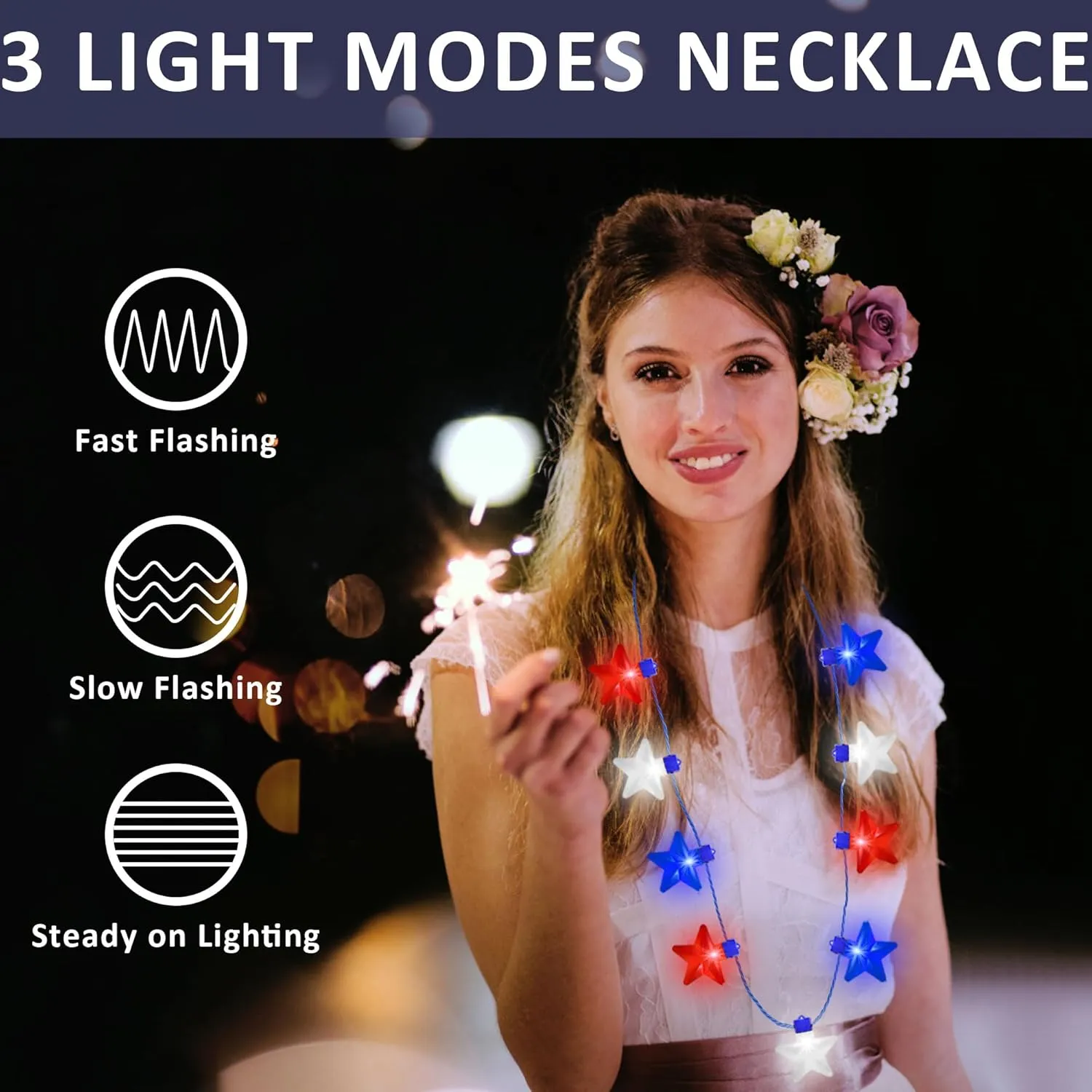 Independence Day Necklace Accessories, 4Pcs LED Holiday Light Up Stars Necklace, Red Blue White Flashing Necklace for 4th of July Parades Patriotic Celebration Themed Firework Party Memorial Day