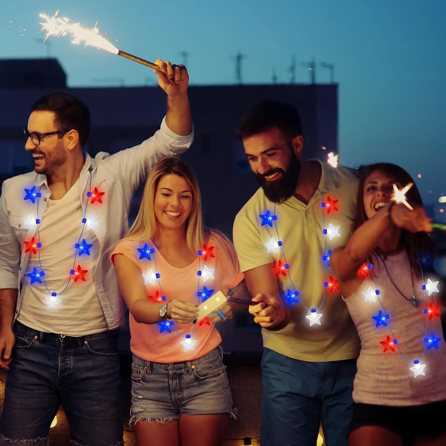 Independence Day Necklace Accessories, 4Pcs LED Holiday Light Up Stars Necklace, Red Blue White Flashing Necklace for 4th of July Parades Patriotic Celebration Themed Firework Party Memorial Day