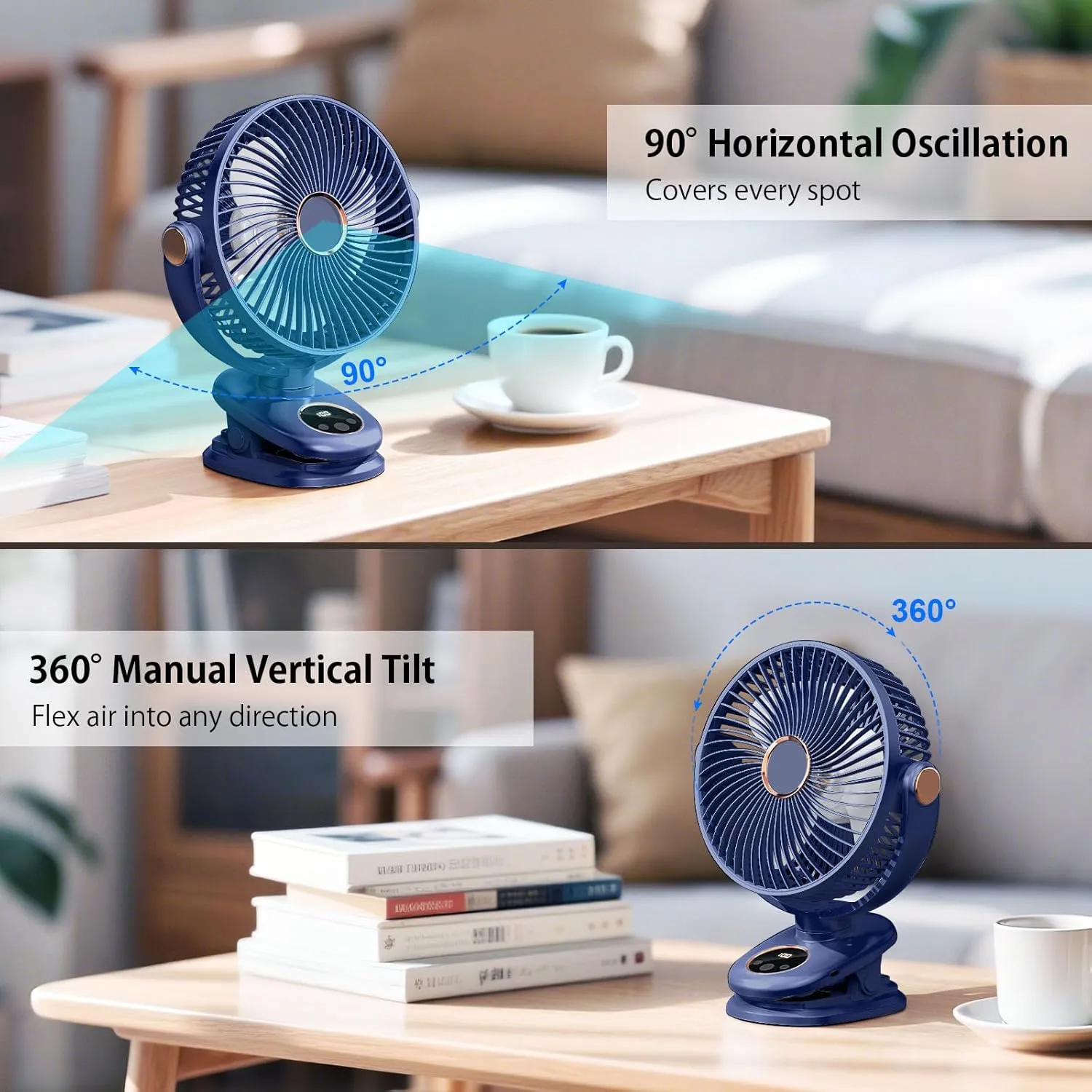 iNeibo 10000mAh Portable Clip on Fan, 90° Oscillating Fan, 8 Inch Rechargeable Battery Operated Desk Fan, Strong Airflow, 5 Speeds, Sturdy Clamp for Golf Cart Home Office Outdoor Travel (Blue)