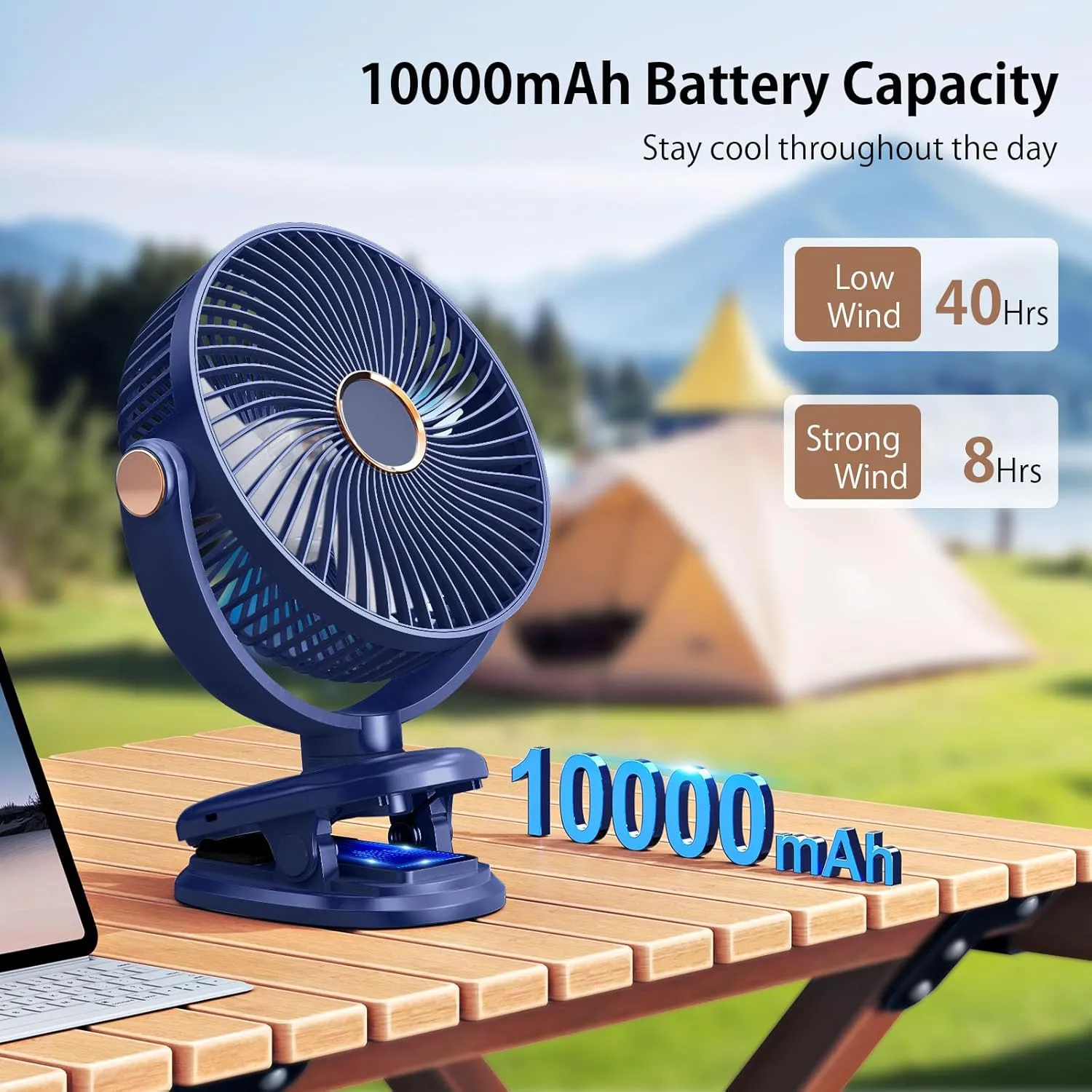 iNeibo 10000mAh Portable Clip on Fan, 90° Oscillating Fan, 8 Inch Rechargeable Battery Operated Desk Fan, Strong Airflow, 5 Speeds, Sturdy Clamp for Golf Cart Home Office Outdoor Travel (Blue)