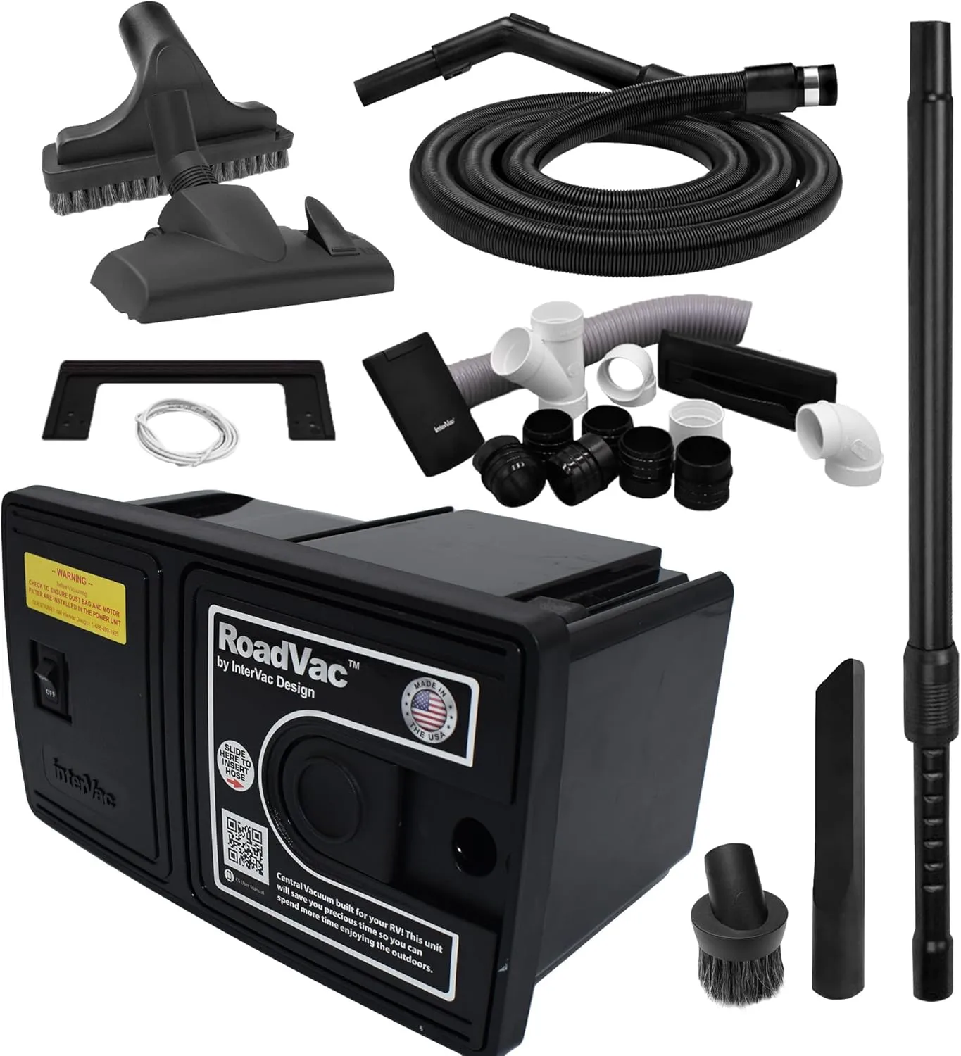InterVac RoadVac CS-RM with Kit, RV Vacuum, Compact Central Vacuum, Superior Central Vacuum Accessories, Wall-Mounted, W/ 35" Stretch Hose and VacPort