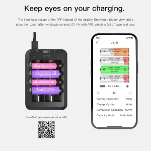 ISDT C4 AIR Universal Smart Battery Charger USB Type-C QC3.0 Output with APP Connection for AA AAA Li-ion Rechargeable Batteries and Fire Preventionn Material