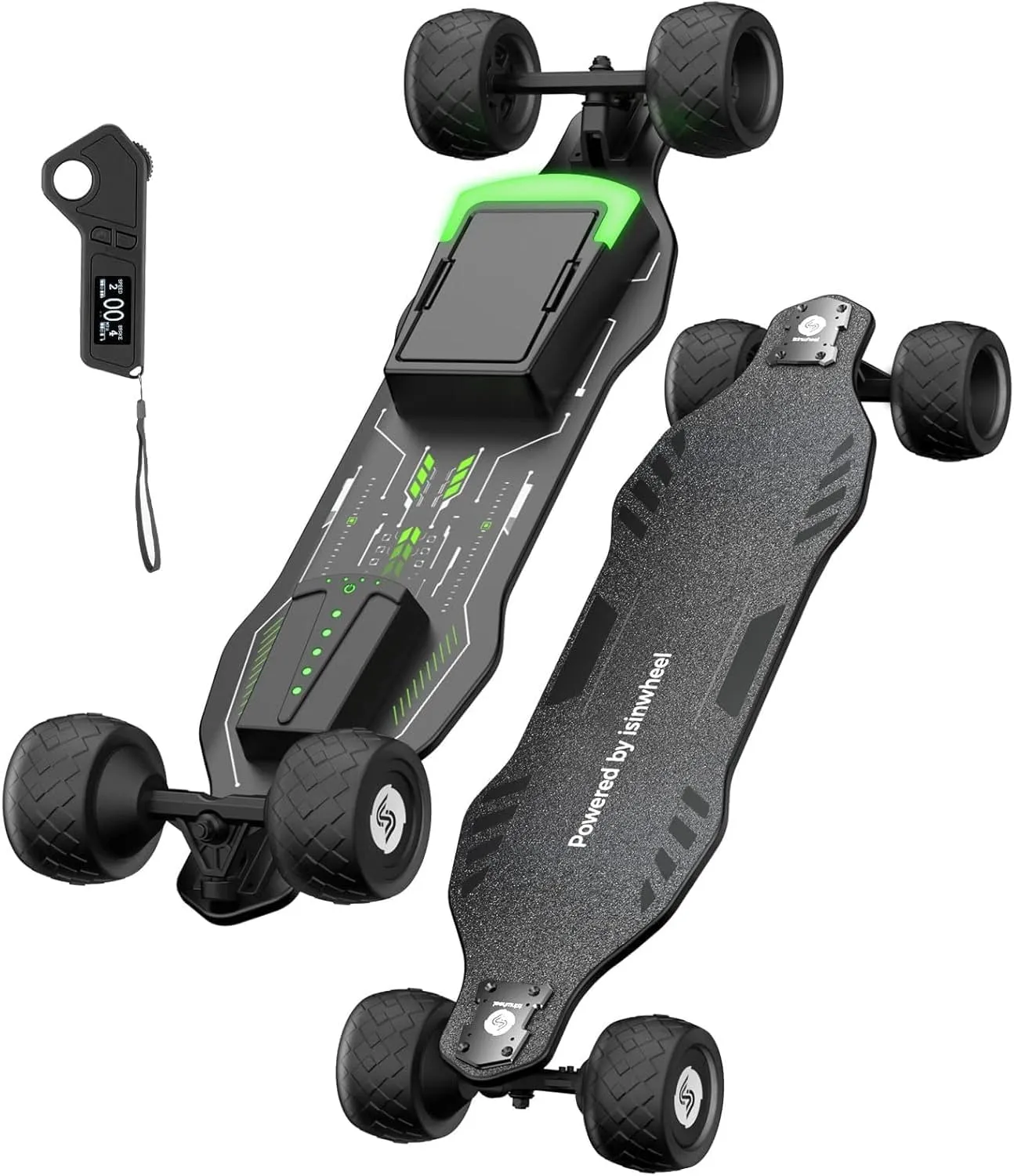 isinwheel Off Road Electric Skateboard with Remote, 3000W/1200W Brushless Motor, 32/30 Mph Top Speed & 28/12 Miles Range, Electric Longboard for Adults with Ambient Light