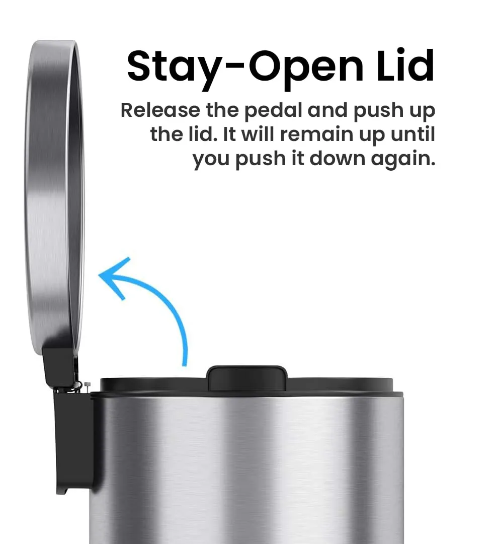 iTouchless SoftStep 1.3 Gallon Slim Bathroom Trash Can with Odor Filter & Removable Inner Bucket, Stainless Steel, 5 Liter Small Round Step Pedal Garbage Bin for Bedroom, Home, Office Cubicle