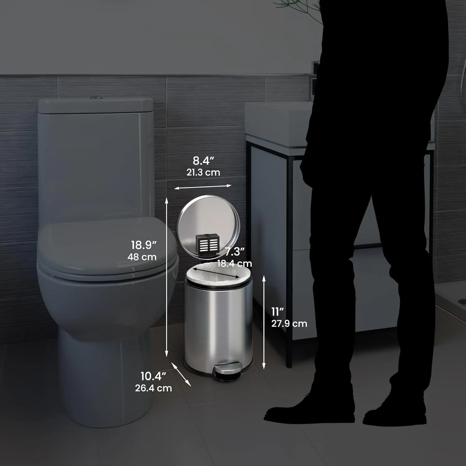 iTouchless SoftStep 1.3 Gallon Slim Bathroom Trash Can with Odor Filter & Removable Inner Bucket, Stainless Steel, 5 Liter Small Round Step Pedal Garbage Bin for Bedroom, Home, Office Cubicle