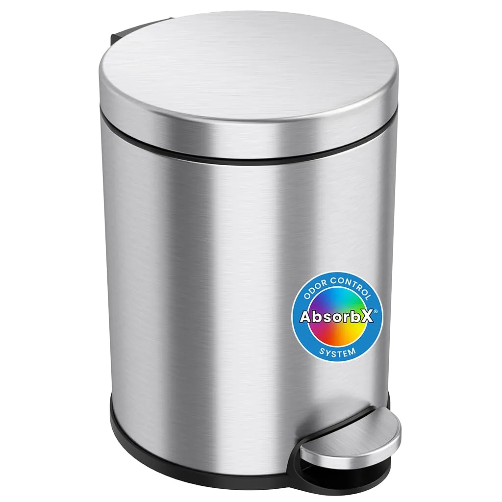 iTouchless SoftStep 1.3 Gallon Slim Bathroom Trash Can with Odor Filter & Removable Inner Bucket, Stainless Steel, 5 Liter Small Round Step Pedal Garbage Bin for Bedroom, Home, Office Cubicle