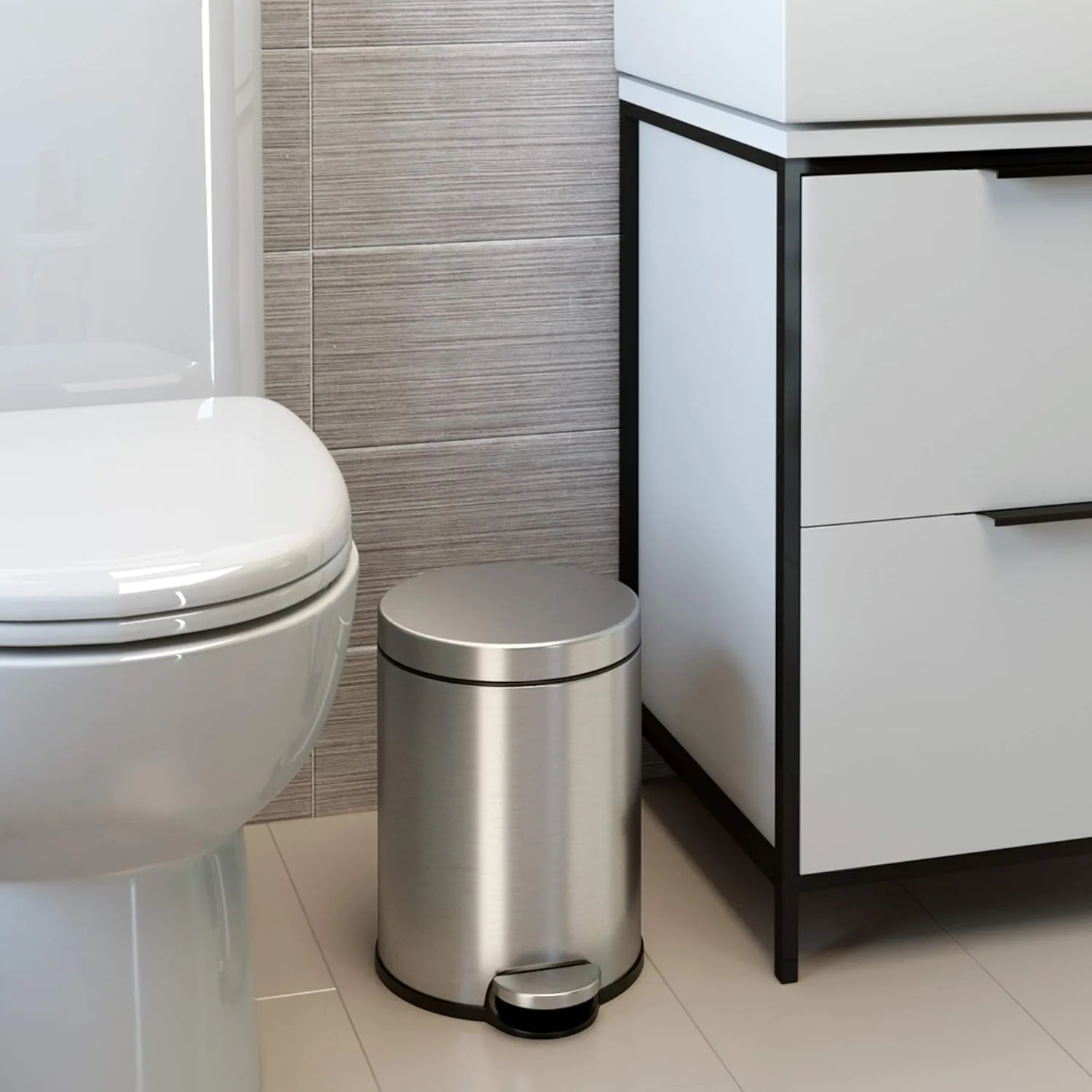 iTouchless SoftStep 1.3 Gallon Slim Bathroom Trash Can with Odor Filter & Removable Inner Bucket, Stainless Steel, 5 Liter Small Round Step Pedal Garbage Bin for Bedroom, Home, Office Cubicle