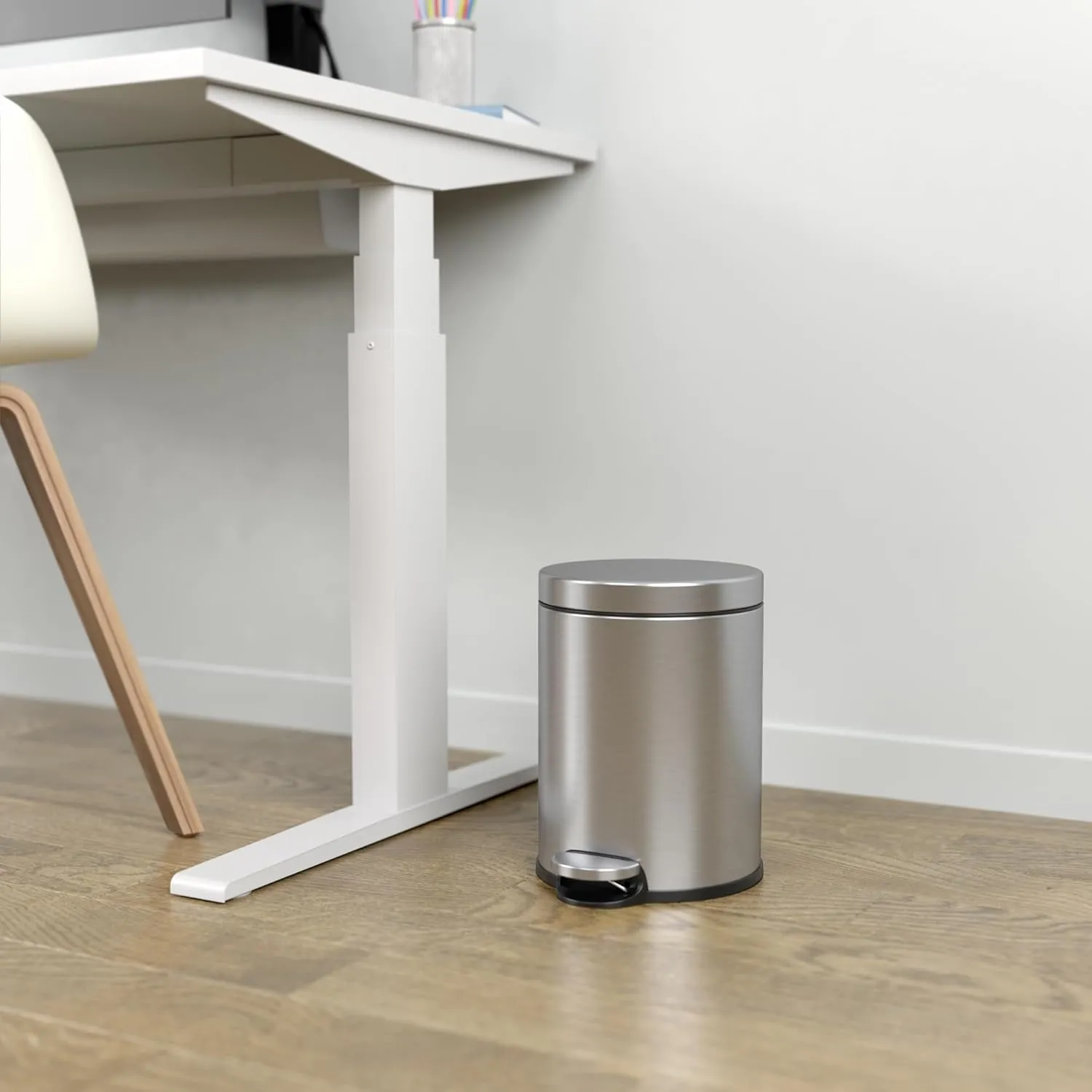 iTouchless SoftStep 1.3 Gallon Slim Bathroom Trash Can with Odor Filter & Removable Inner Bucket, Stainless Steel, 5 Liter Small Round Step Pedal Garbage Bin for Bedroom, Home, Office Cubicle