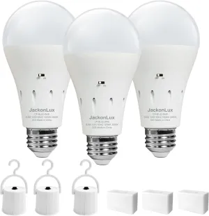 JackonLux Battery Operated Light Bulb for Lamps Without Electricity Screw in Light Bulb Wireless Light Bulbs Cordless Bulb Chargable Light E26 for Home Power Failure Outdoor Activities 9W 3PK
