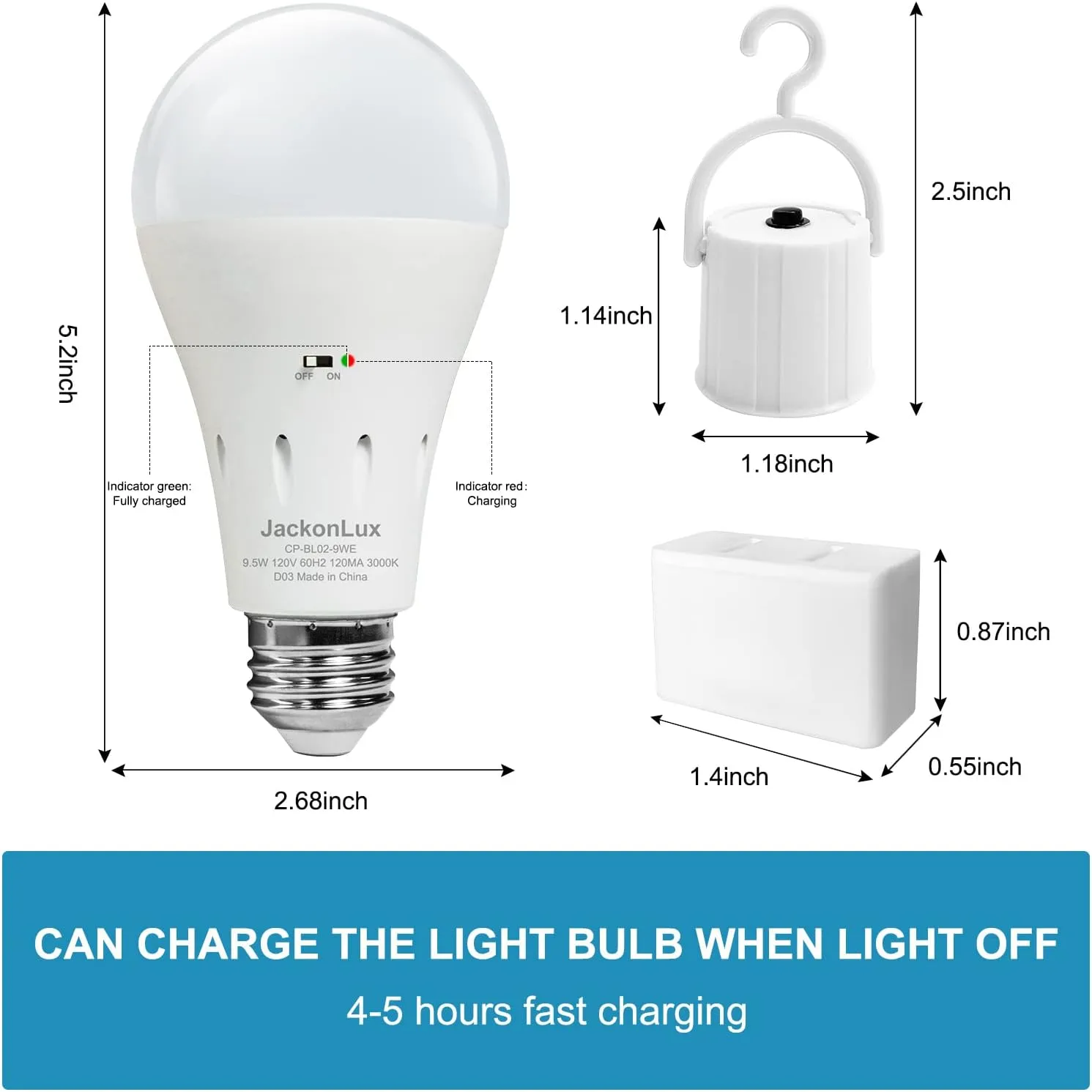 JackonLux Battery Operated Light Bulb for Lamps Without Electricity Screw in Light Bulb Wireless Light Bulbs Cordless Bulb Chargable Light E26 for Home Power Failure Outdoor Activities 9W 3PK