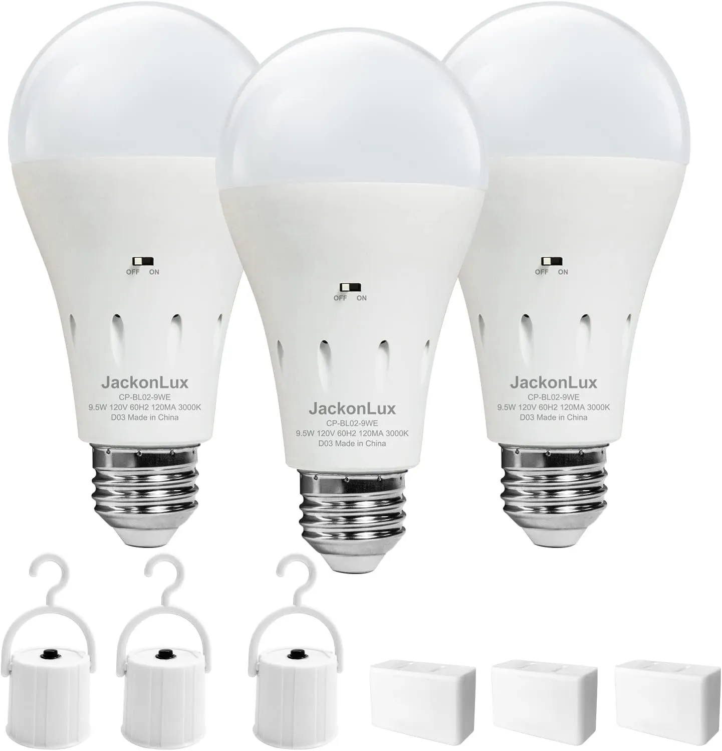 JackonLux Battery Operated Light Bulb for Lamps Without Electricity Screw in Light Bulb Wireless Light Bulbs Cordless Bulb Chargable Light E26 for Home Power Failure Outdoor Activities 9W 3PK