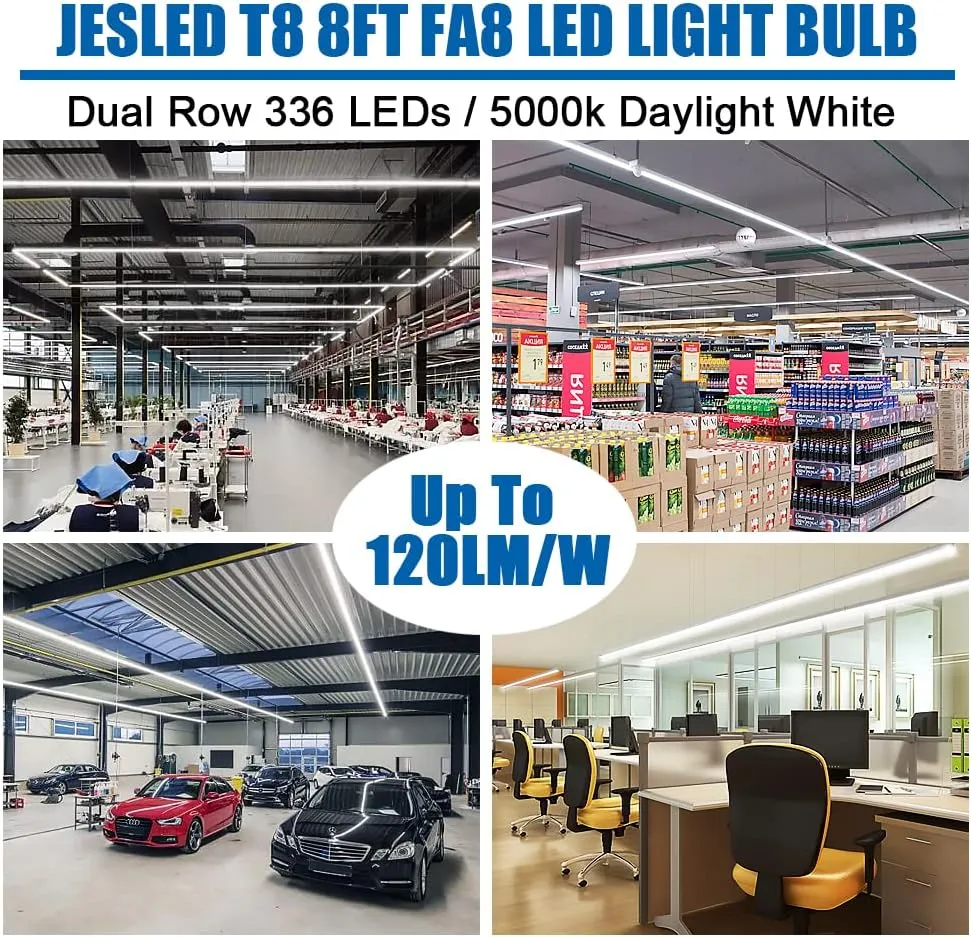 JESLED 8FT LED Bulbs, Single Pin Fa8 Base, 50W (130W Equiv.), 5000K Daylight, 6000LM, 8 Foot T8 T10 T12 LED Tube Lights, 96'' LED Replacement for Fluorescent Light, ETL Listed, Ballast Bypass, 12 Pack