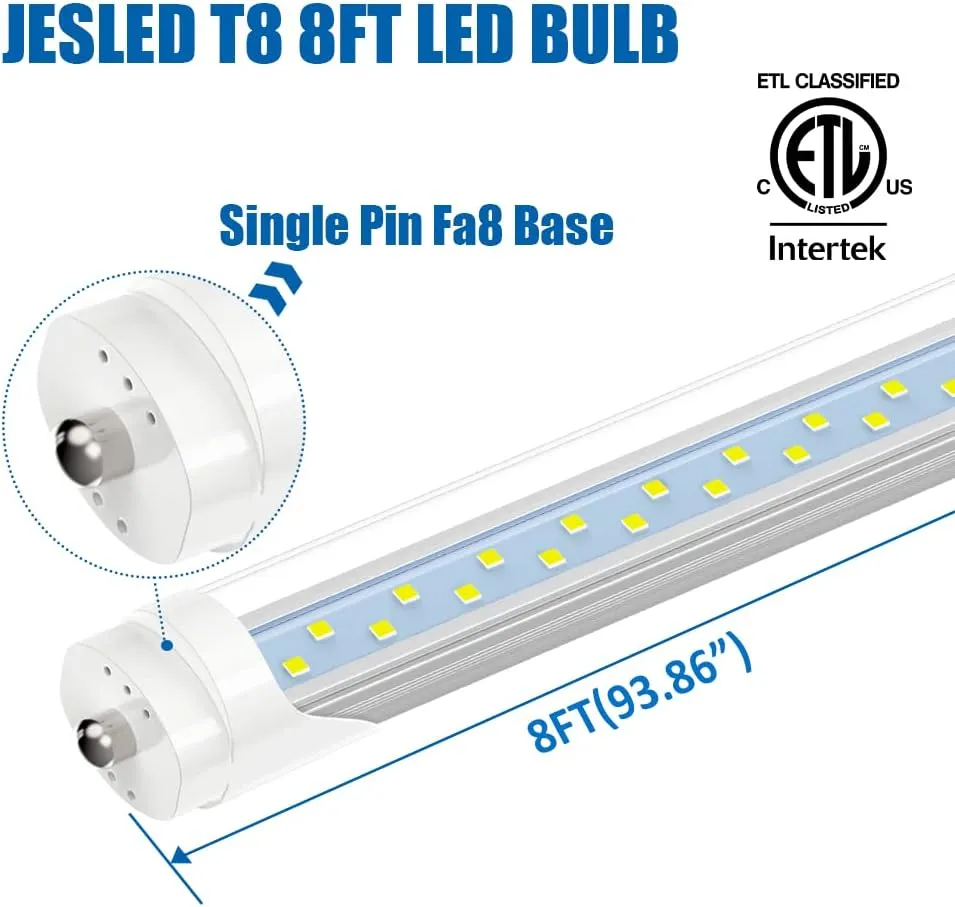 JESLED 8FT LED Bulbs, Single Pin Fa8 Base, 50W (130W Equiv.), 5000K Daylight, 6000LM, 8 Foot T8 T10 T12 LED Tube Lights, 96'' LED Replacement for Fluorescent Light, ETL Listed, Ballast Bypass, 12 Pack