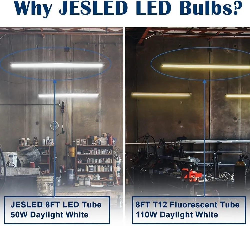 JESLED 8FT LED Bulbs, Single Pin Fa8 Base, 50W (130W Equiv.), 5000K Daylight, 6000LM, 8 Foot T8 T10 T12 LED Tube Lights, 96'' LED Replacement for Fluorescent Light, ETL Listed, Ballast Bypass, 12 Pack