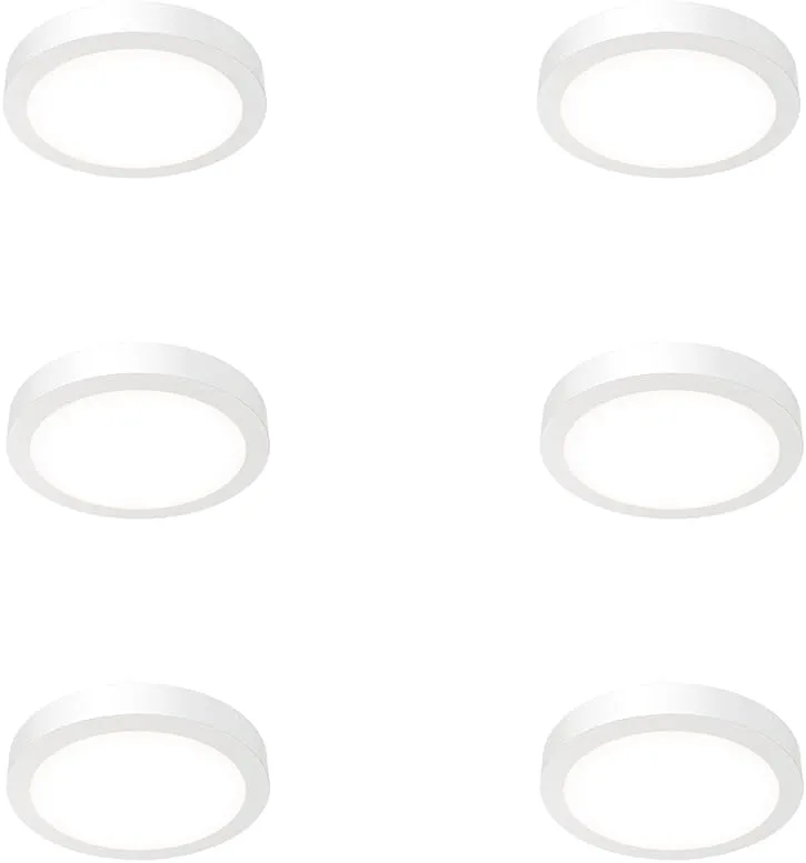 Juno Slim Basics 6 Inch LED Ceiling Light, Low Profile Surface Mount Downlight for Shower or Closet Lighting, 3000K/4000K/5000K Selectable White Light, Edged Trim, Wet Rated, Matte White, 6 Pack