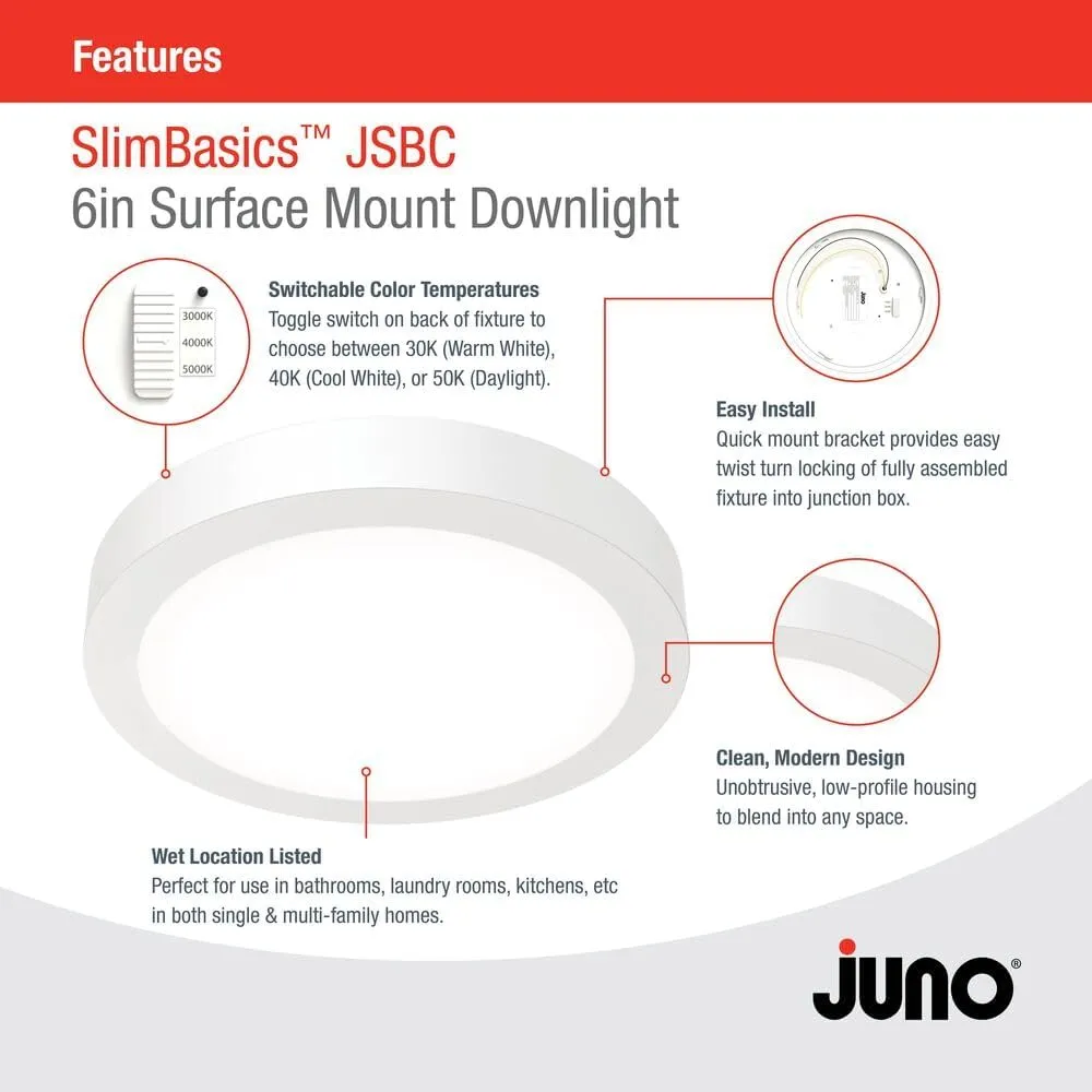 Juno Slim Basics 6 Inch LED Ceiling Light, Low Profile Surface Mount Downlight for Shower or Closet Lighting, 3000K/4000K/5000K Selectable White Light, Edged Trim, Wet Rated, Matte White, 6 Pack