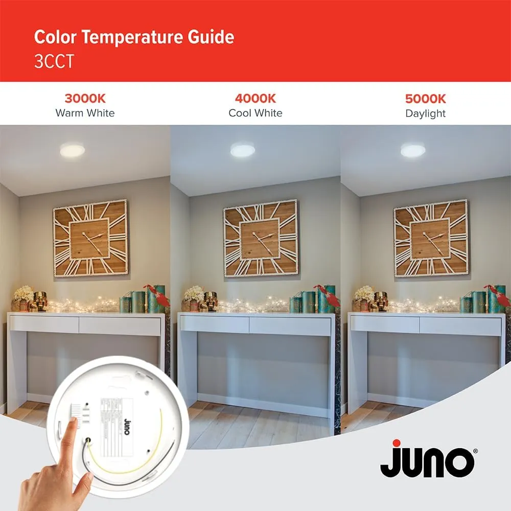 Juno Slim Basics 6 Inch LED Ceiling Light, Low Profile Surface Mount Downlight for Shower or Closet Lighting, 3000K/4000K/5000K Selectable White Light, Edged Trim, Wet Rated, Matte White, 6 Pack