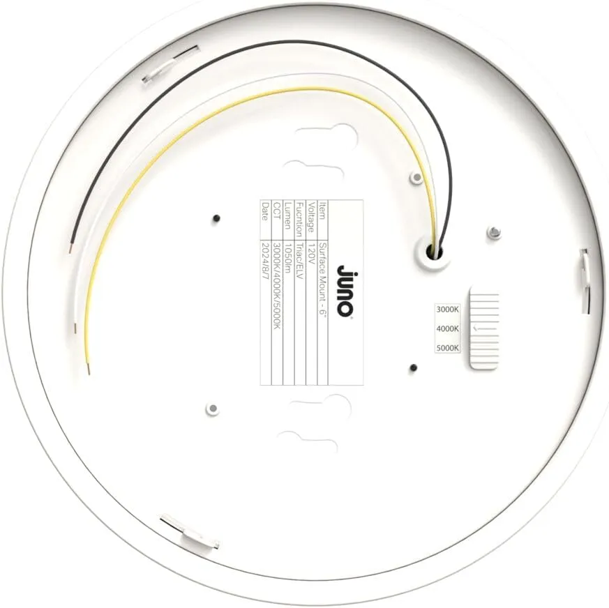 Juno Slim Basics 6 Inch LED Ceiling Light, Low Profile Surface Mount Downlight for Shower or Closet Lighting, 3000K/4000K/5000K Selectable White Light, Edged Trim, Wet Rated, Matte White, 6 Pack