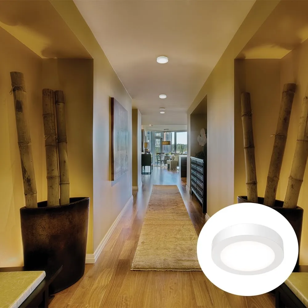Juno Slim Basics 6 Inch LED Ceiling Light, Low Profile Surface Mount Downlight for Shower or Closet Lighting, 3000K/4000K/5000K Selectable White Light, Edged Trim, Wet Rated, Matte White, 6 Pack