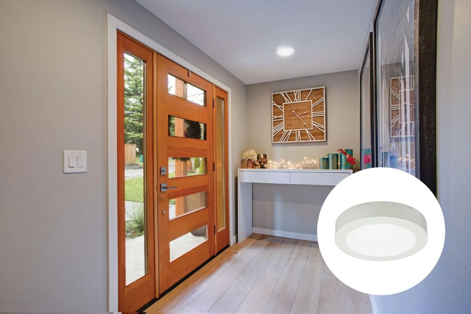 Juno Slim Basics 6 Inch LED Ceiling Light, Low Profile Surface Mount Downlight for Shower or Closet Lighting, 3000K/4000K/5000K Selectable White Light, Edged Trim, Wet Rated, Matte White, 6 Pack