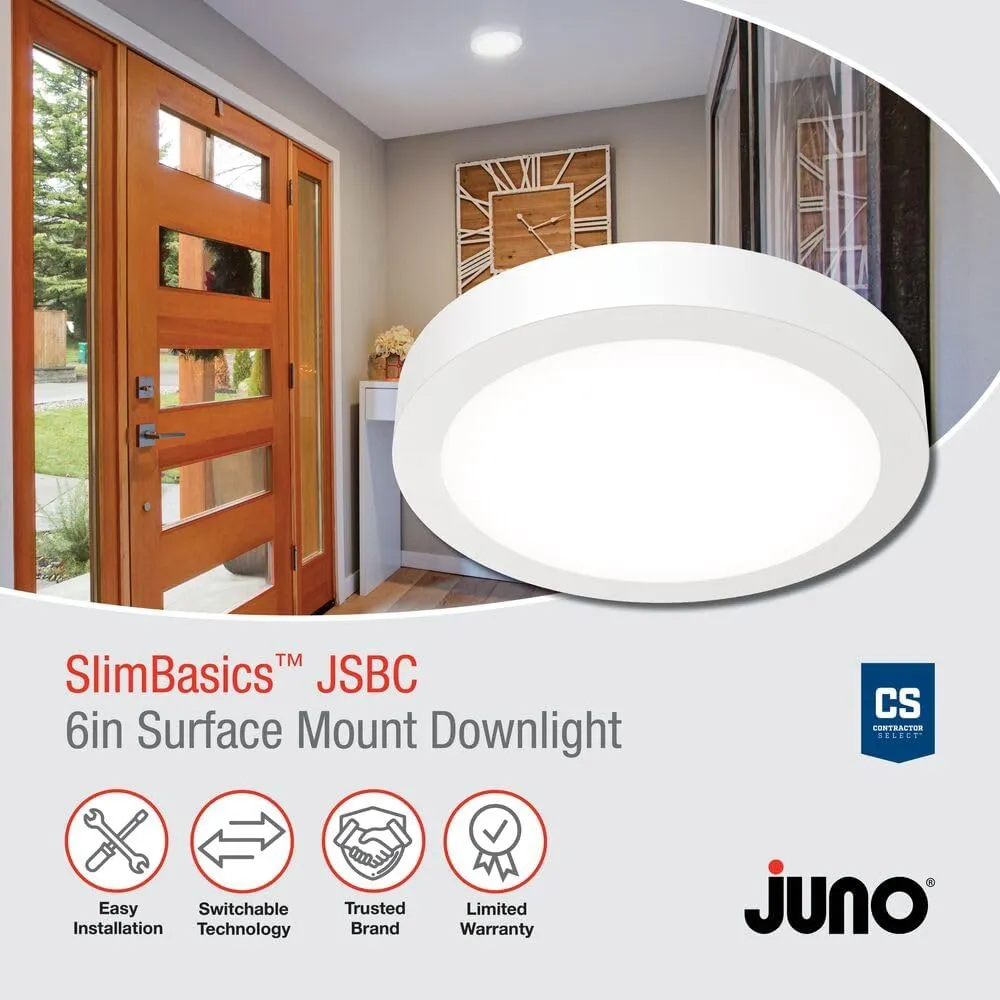 Juno Slim Basics 6 Inch LED Ceiling Light, Low Profile Surface Mount Downlight for Shower or Closet Lighting, 3000K/4000K/5000K Selectable White Light, Edged Trim, Wet Rated, Matte White, 6 Pack