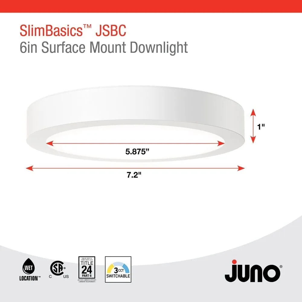 Juno Slim Basics 6 Inch LED Ceiling Light, Low Profile Surface Mount Downlight for Shower or Closet Lighting, 3000K/4000K/5000K Selectable White Light, Edged Trim, Wet Rated, Matte White, 6 Pack