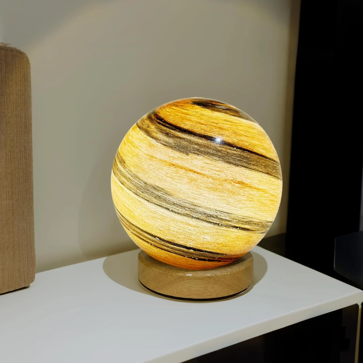 Jupiter Orange Night Light Glass Bedside with Wooden Base 3 Modes - Dimmable Swirl Planet Table Lamp for Bedroom Nightstand, Desk Lamp for Living Room, Office, Kids Room, Nursery