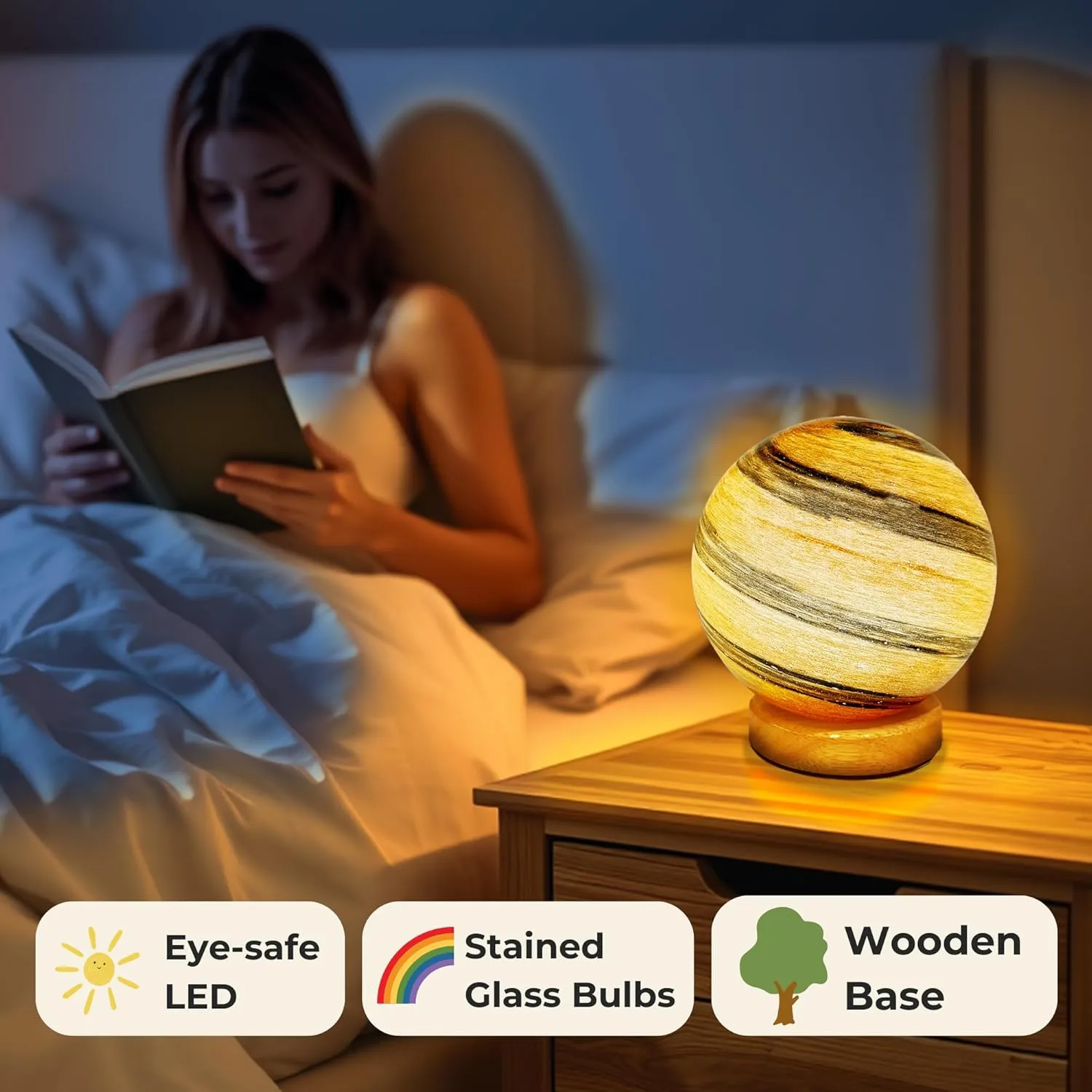 Jupiter Orange Night Light Glass Bedside with Wooden Base 3 Modes - Dimmable Swirl Planet Table Lamp for Bedroom Nightstand, Desk Lamp for Living Room, Office, Kids Room, Nursery