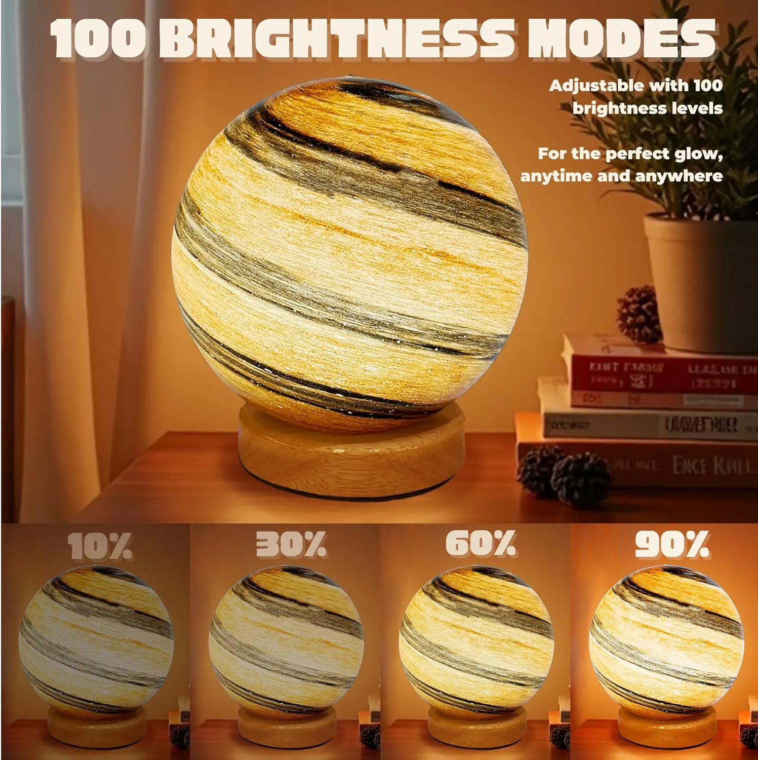 Jupiter Orange Night Light Glass Bedside with Wooden Base 3 Modes - Dimmable Swirl Planet Table Lamp for Bedroom Nightstand, Desk Lamp for Living Room, Office, Kids Room, Nursery