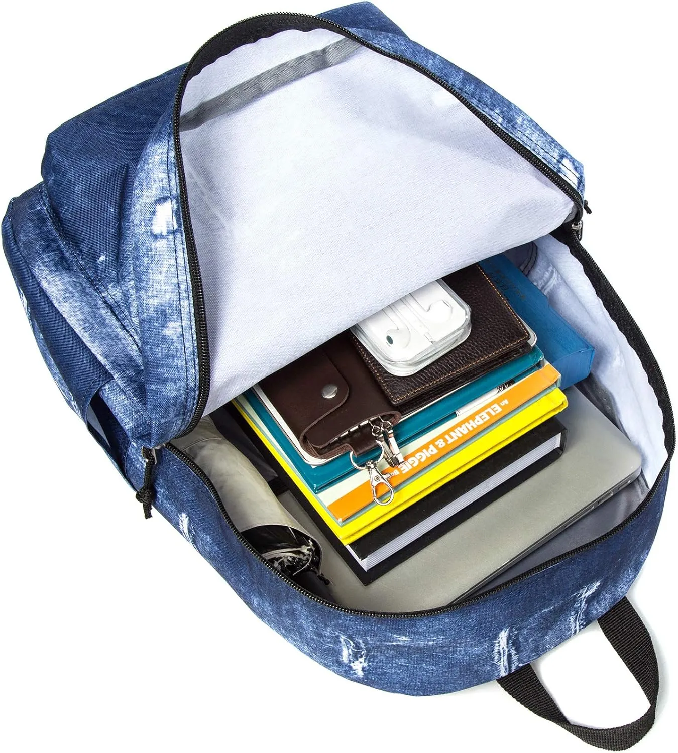 K-Cliffs Classic Backpack Basic Student Campus Daypack Simple Travel Rucksack with Chromebook Laptop Pocket Water Bottle Holder Padded Straps Printed Blue Jeans Pattern