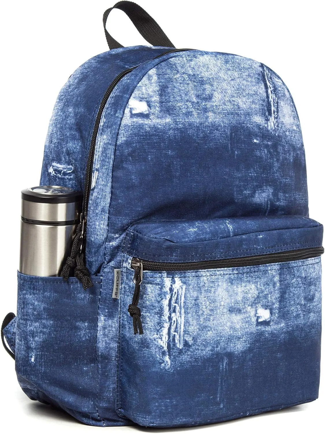 K-Cliffs Classic Backpack Basic Student Campus Daypack Simple Travel Rucksack with Chromebook Laptop Pocket Water Bottle Holder Padded Straps Printed Blue Jeans Pattern