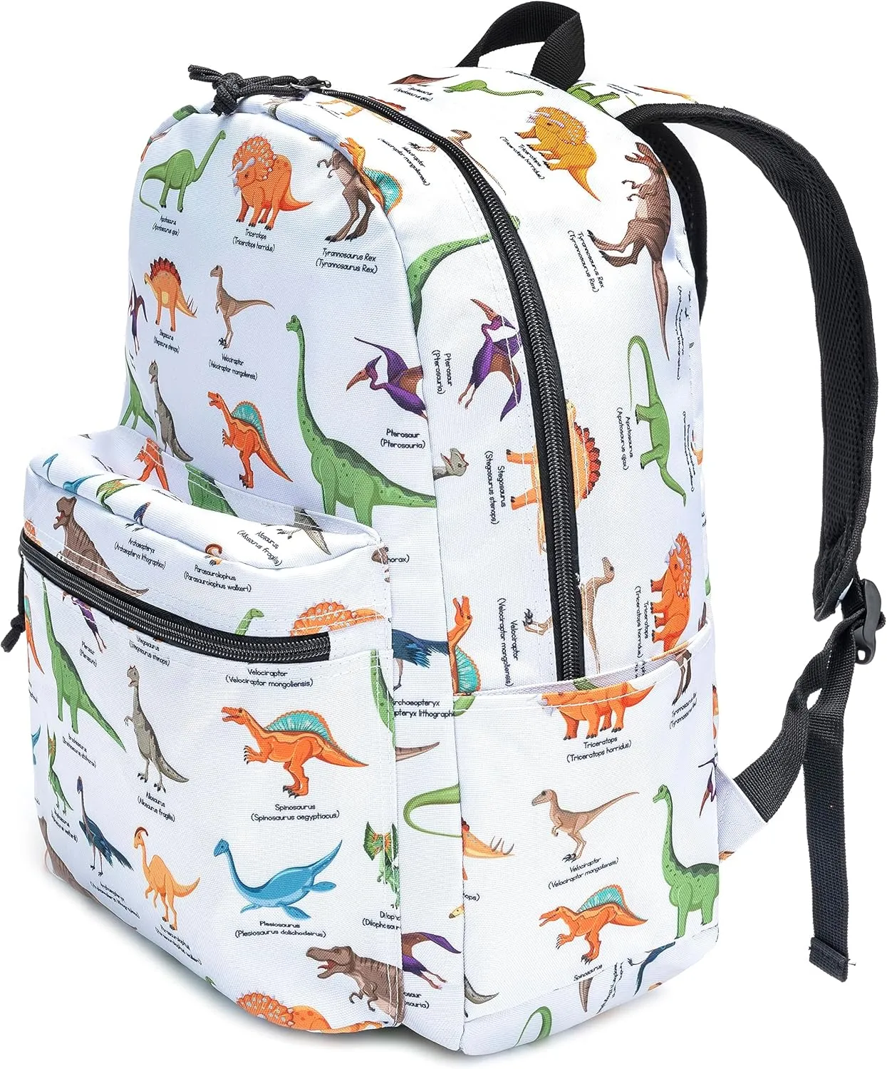 K-Cliffs Classic Backpack Basic Student Campus Daypack Simple Travel Rucksack with Chromebook Laptop Pocket Water Bottle Holder Padded Straps Printed Dinosaur Pattern White