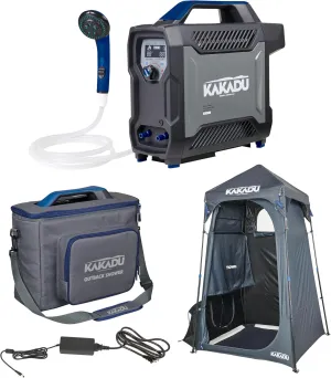 Kakadu Portable Camping Outback Shower Bundle with Shower Tent, Carry Bag, AC Adapter - Instant Hot Water, Cordless Operation, Carry Bag, Sturdy Privacy Tent with LED Light, Towel Rod