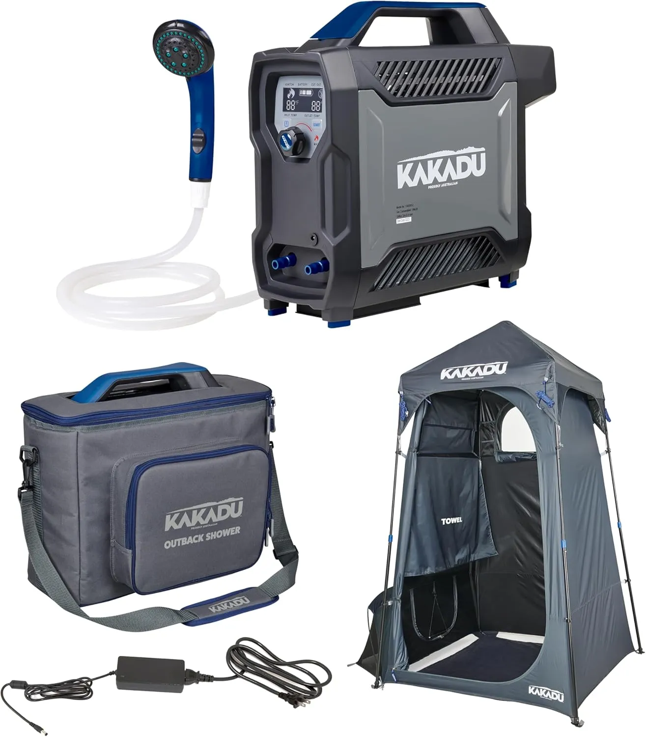 Kakadu Portable Camping Outback Shower Bundle with Shower Tent, Carry Bag, AC Adapter - Instant Hot Water, Cordless Operation, Carry Bag, Sturdy Privacy Tent with LED Light, Towel Rod