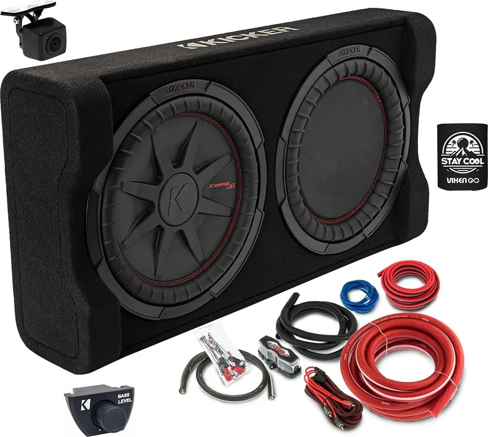 KICKER Enclosure and Amp kit Package of 3 Items - 10" PTRTP 1000 Watt Down-Firing Powered Loaded Sub Enclosure, a Backup Camera, and Complete 8AWG Wiring Kit