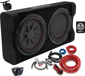 KICKER Enclosure and Amp kit Package of 3 Items - 10" PTRTP 1000 Watt Down-Firing Powered Loaded Sub Enclosure, a Backup Camera, and Complete 8AWG Wiring Kit