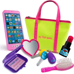 Kiddofun My First Purse - Kids Pretend Toy Hand Bag Includes Play Phone Keys Mirror Hairbrush Wallet Credit Card Lipstick - Great Gift Set for Girls, Boys, Toddlers & Preschools