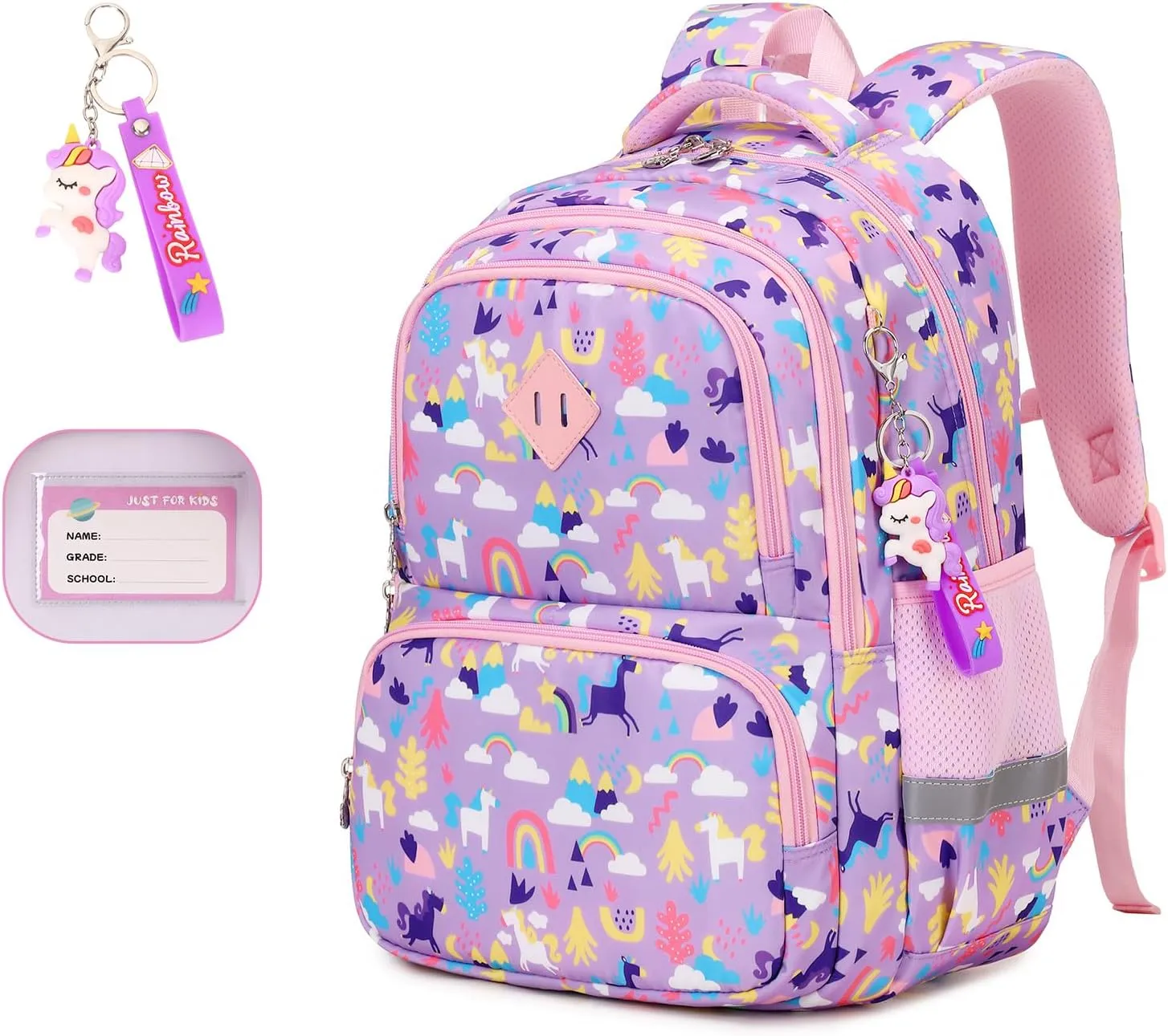 Kids Backpack, Kawaii Printed Girls Bookbags for Preschool, Lightweight School Backpack for Primary and Elementary and Kindergarten, Waterproof Teen Backpacks, Purple/Rainbow