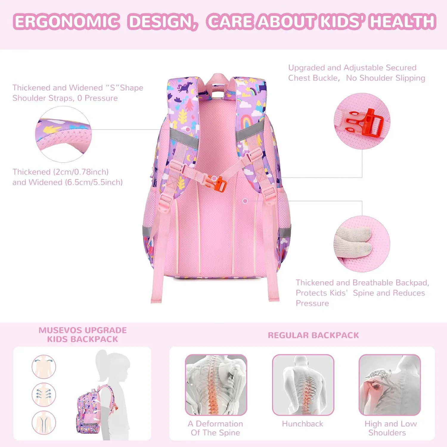 Kids Backpack, Kawaii Printed Girls Bookbags for Preschool, Lightweight School Backpack for Primary and Elementary and Kindergarten, Waterproof Teen Backpacks, Purple/Rainbow