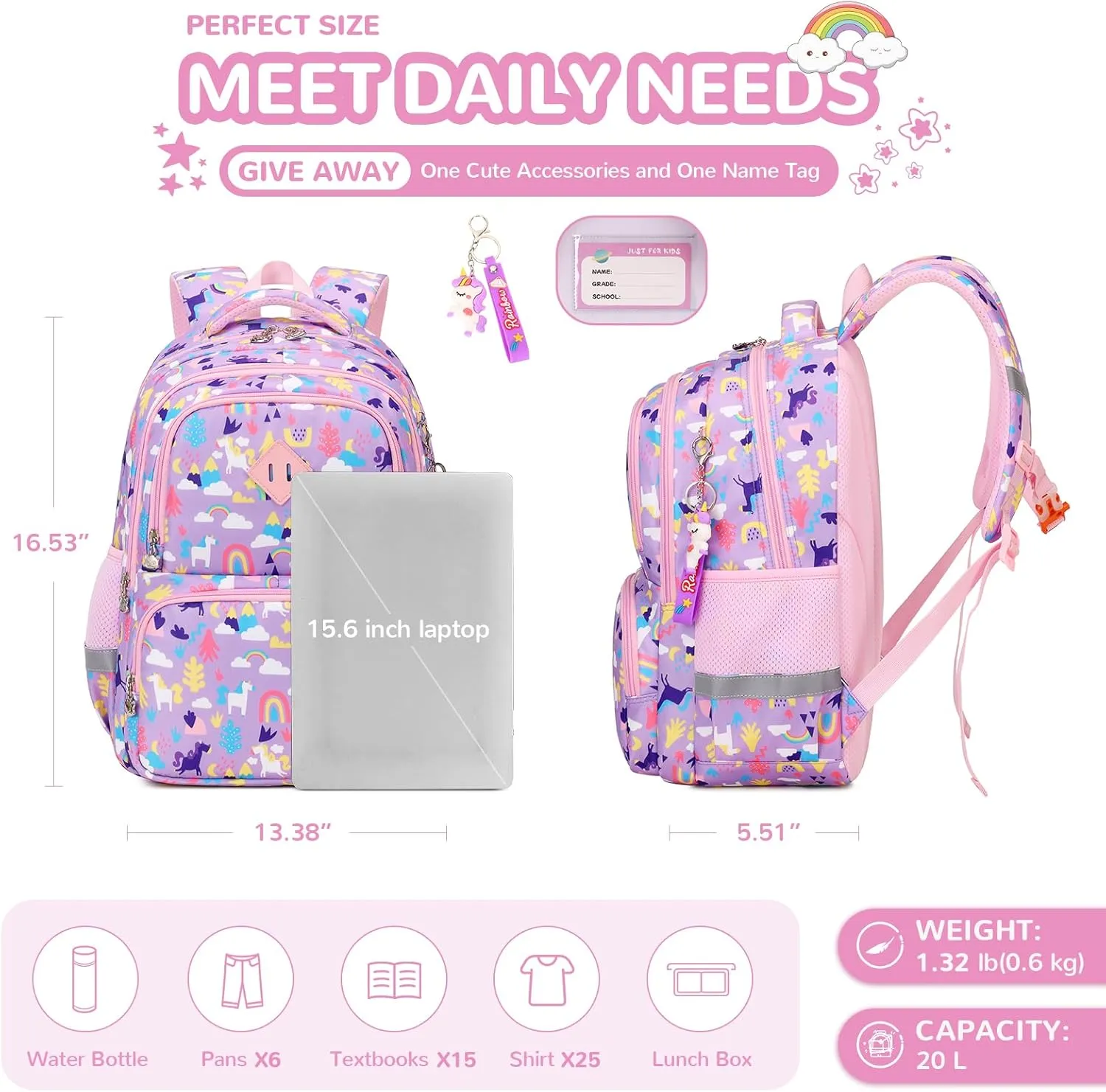 Kids Backpack, Kawaii Printed Girls Bookbags for Preschool, Lightweight School Backpack for Primary and Elementary and Kindergarten, Waterproof Teen Backpacks, Purple/Rainbow