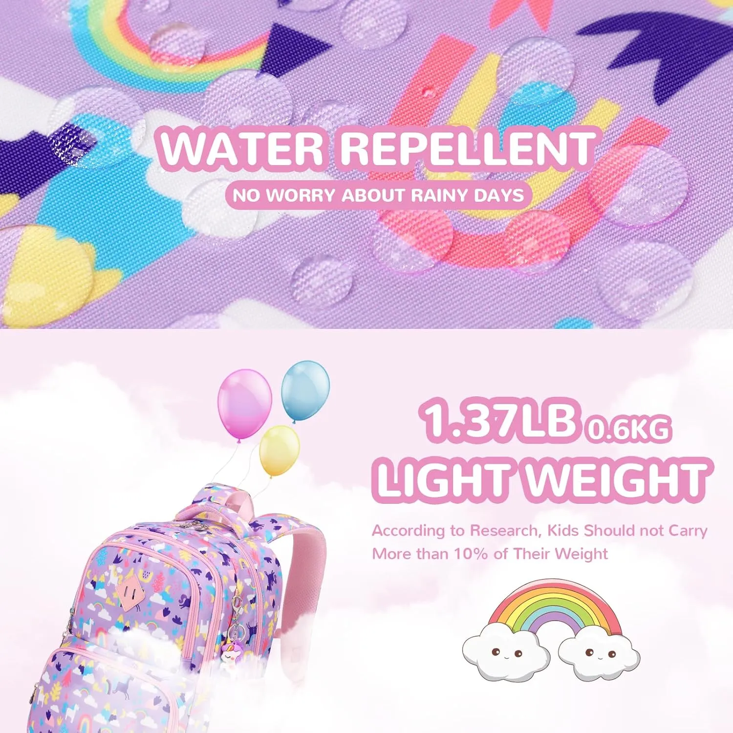 Kids Backpack, Kawaii Printed Girls Bookbags for Preschool, Lightweight School Backpack for Primary and Elementary and Kindergarten, Waterproof Teen Backpacks, Purple/Rainbow