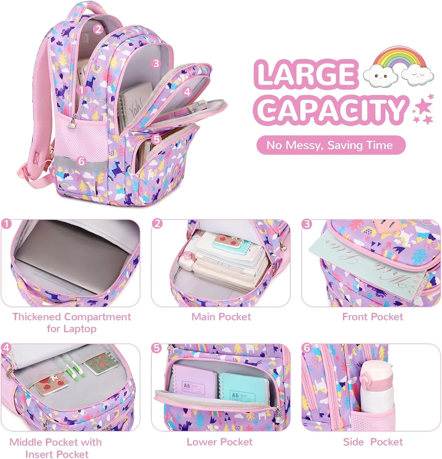 Kids Backpack, Kawaii Printed Girls Bookbags for Preschool, Lightweight School Backpack for Primary and Elementary and Kindergarten, Waterproof Teen Backpacks, Purple/Rainbow