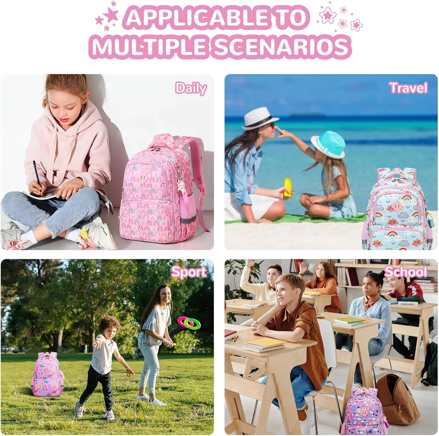Kids Backpack, Kawaii Printed Girls Bookbags for Preschool, Lightweight School Backpack for Primary and Elementary and Kindergarten, Waterproof Teen Backpacks, Purple/Rainbow