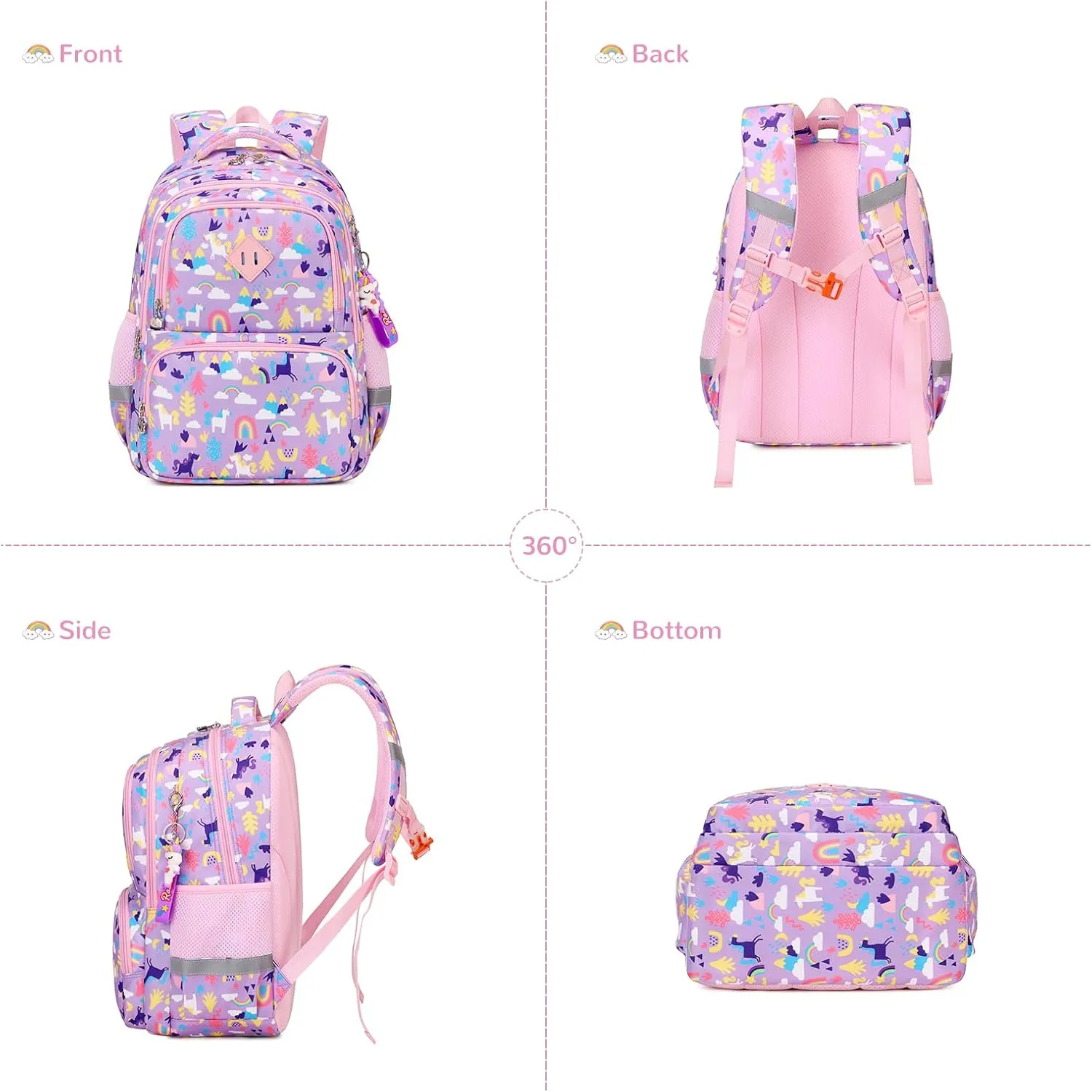 Kids Backpack, Kawaii Printed Girls Bookbags for Preschool, Lightweight School Backpack for Primary and Elementary and Kindergarten, Waterproof Teen Backpacks, Purple/Rainbow