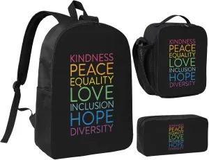 Kindness Peace Equality Love Inclusion Hope Diversity Backpack Set Lightweight Laptop Backpack Lunch Bag with Pencil Case for Women Men Travel Work