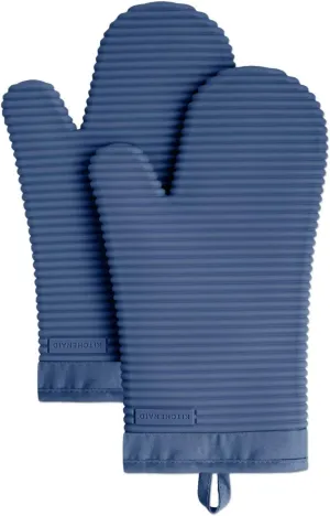KitchenAid Ribbed Soft Silicone Oven Mitt Set, Blue Willow 2 Count , 7.5"x13"